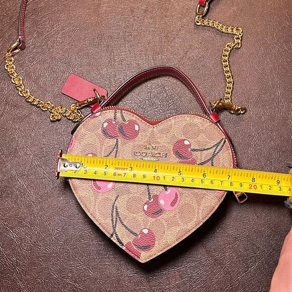 COACH Heart Crossbody Bag Signature Cherry Print Canvas CY706 Tan and Red - Picture 9 of 16